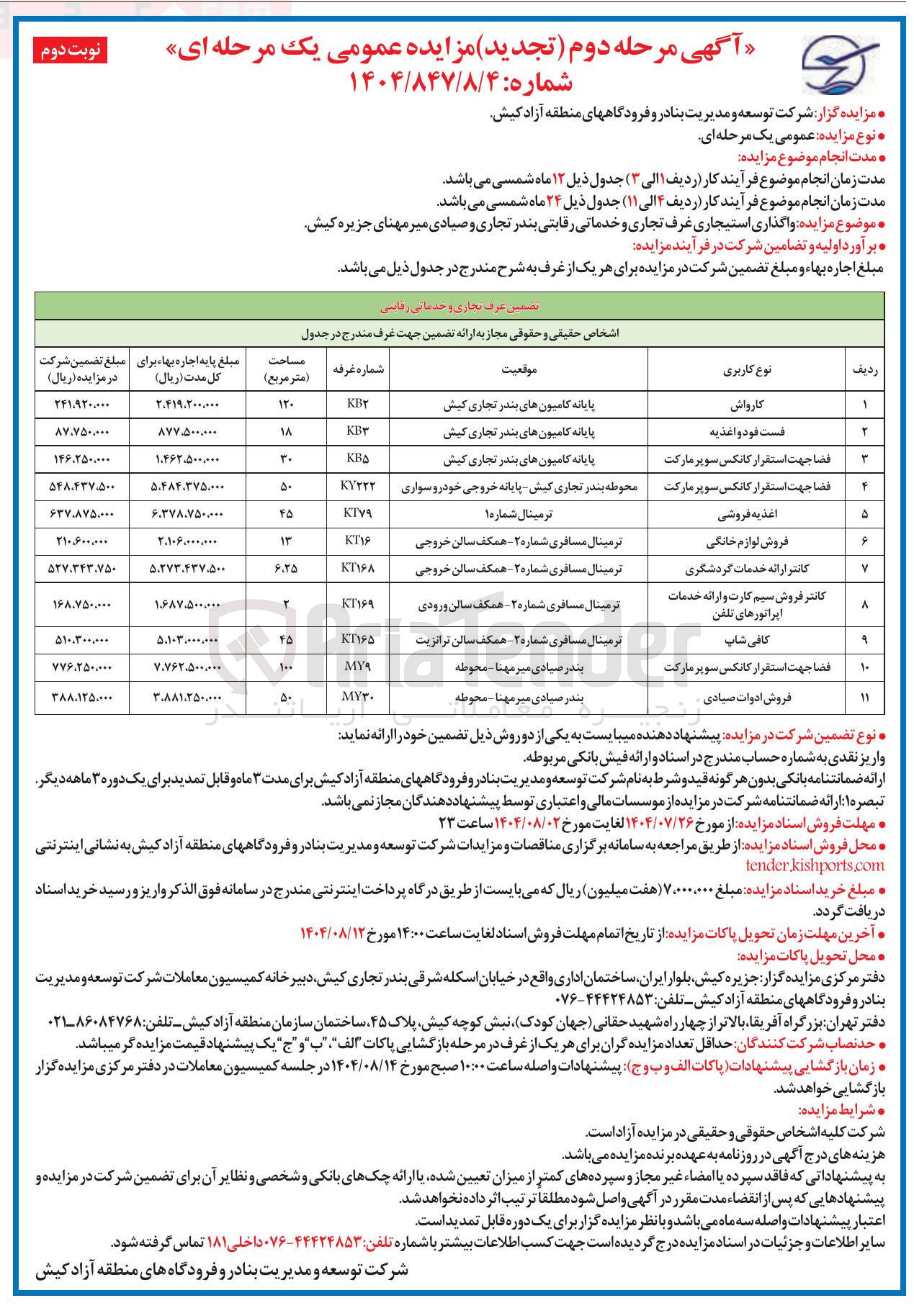 تصویر کوچک آگهی واگذاری استیجاری غرف تجاری و خدماتی رقابتی در 11 ردیف
