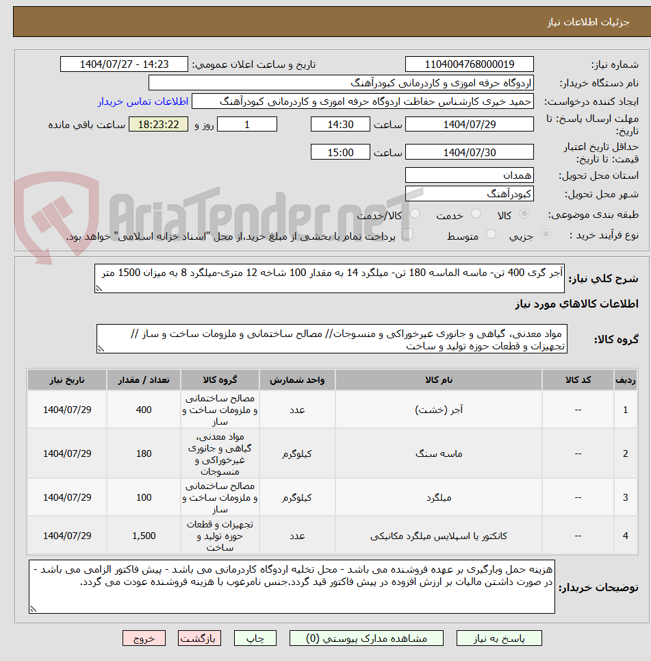 تصویر کوچک آگهی آجر گری 400 تن- ماسه الماسه 180 تن- میلگرد 14 به مقدار 100 شاخه 12 متری-میلگرد 8 به میزان 1500 متر