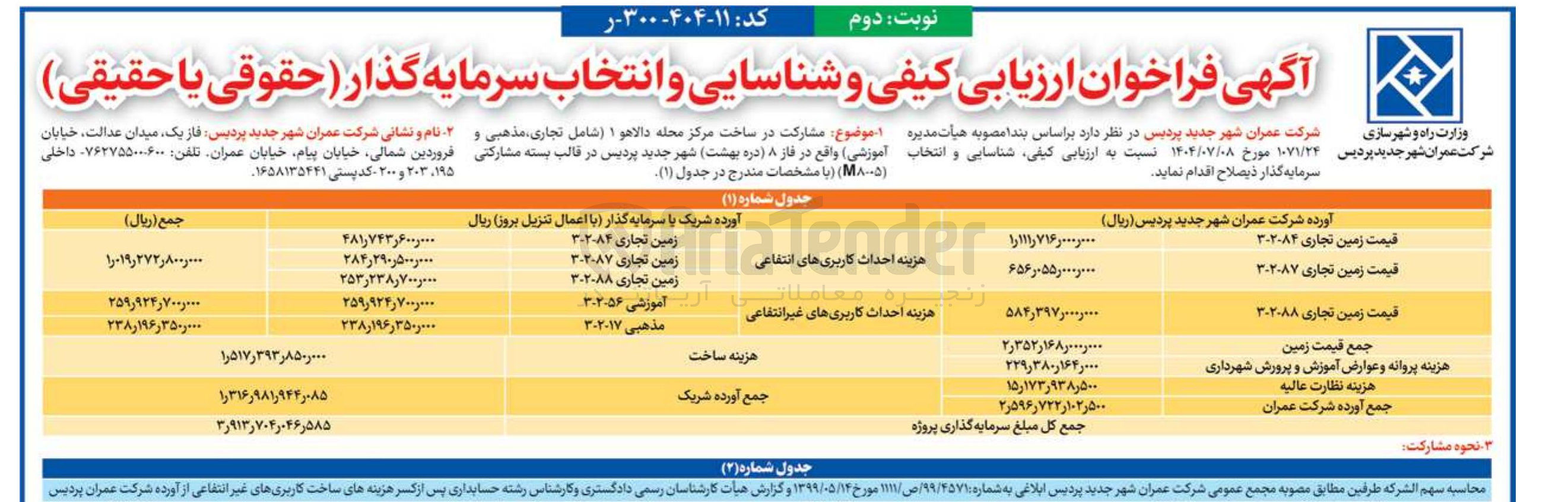 تصویر کوچک آگهی مشارکت در ساخت مرکز محله دالاهو ۱ شامل تجاری مذهبی و آموزشی واقع در فاز ۸ دره بهشت شهر جدید پردیس در قالب بسته مشارکتی 