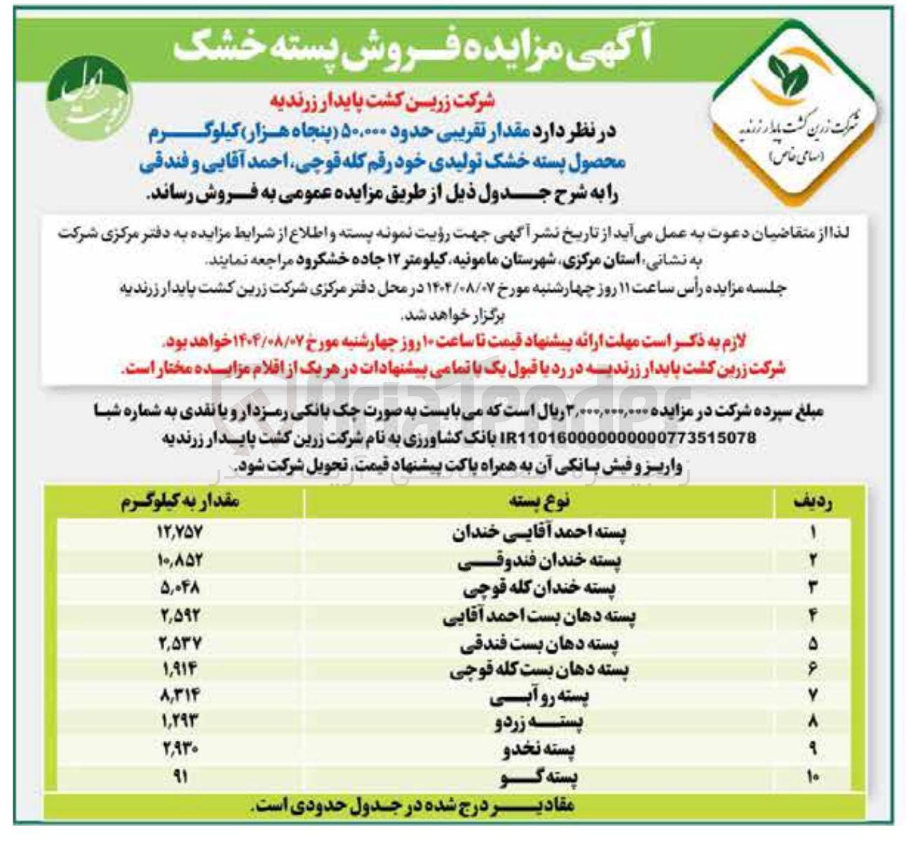 تصویر کوچک آگهی فروش تقریبی حدود ۵۰,۰۰۰ پنجاه هزار کیلوگرم محصول پسته خشک تولیدی خود رقم کله قوچی احمد آقایی و فندقی