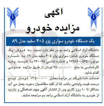 تصویر کوچک آگهی  فروش یک دستگاه خودرو شامل سواری پژو ۴۰۵ سفید مدل ۸۹ 