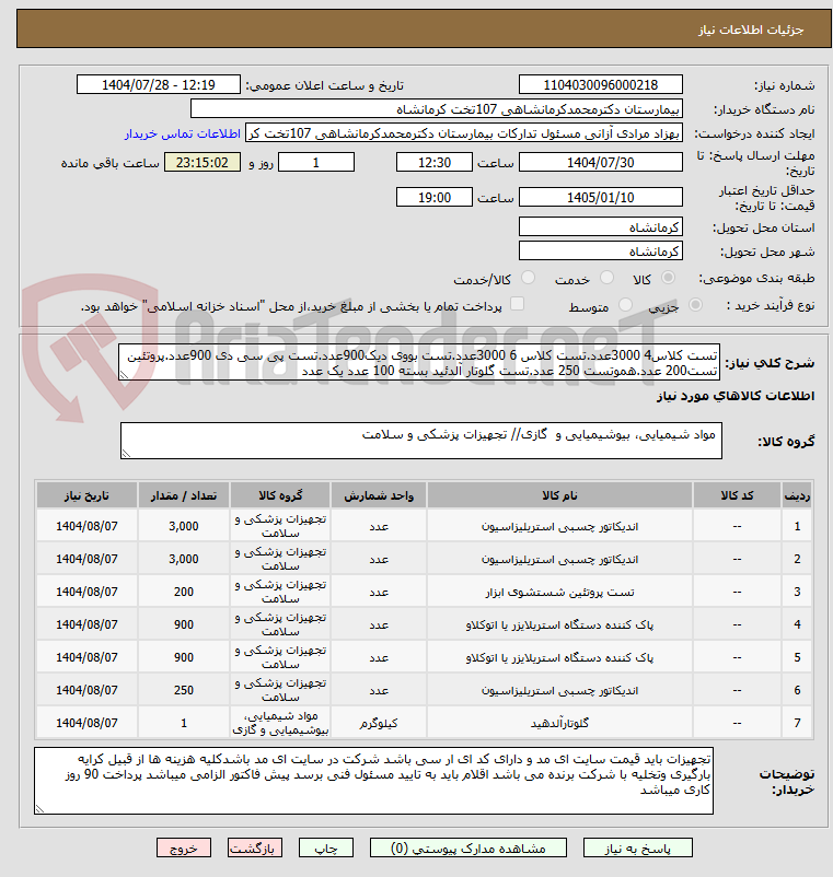 تصویر کوچک آگهی تست کلاس4 3000عدد.تست کلاس 6 3000عدد.تست بووی دیک900عدد.تست پی سی دی 900عدد.پروتئین تست200 عدد.هموتست 250 عدد.تست گلوتار آلدئید بسته 100 عدد یک عدد