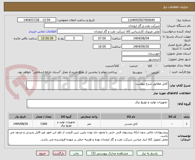 تصویر کوچک آگهی کابل مطابق شرح پیوست