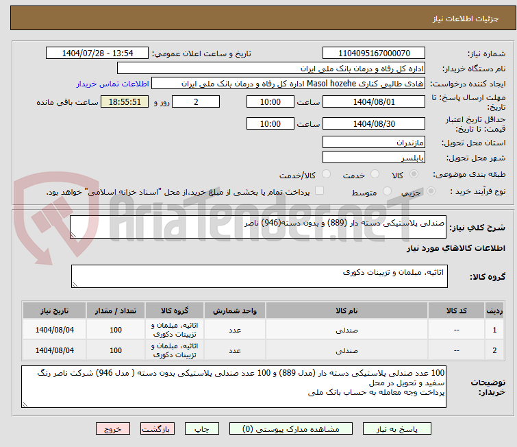 تصویر کوچک آگهی صندلی پلاستیکی دسته دار (889) و بدون دسته(946) ناصر