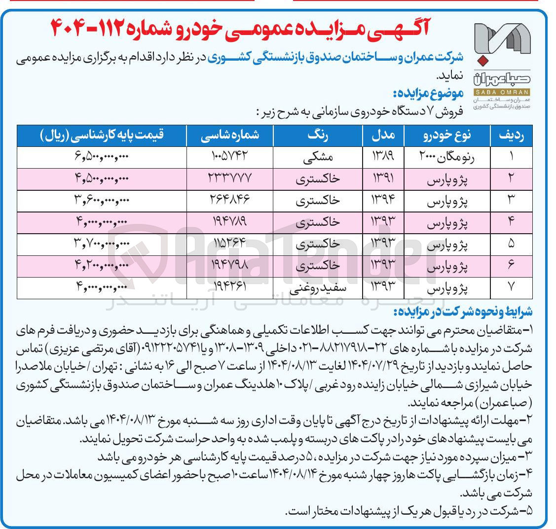 تصویر کوچک آگهی فروش ۷ دستگاه خودروی سازمانی