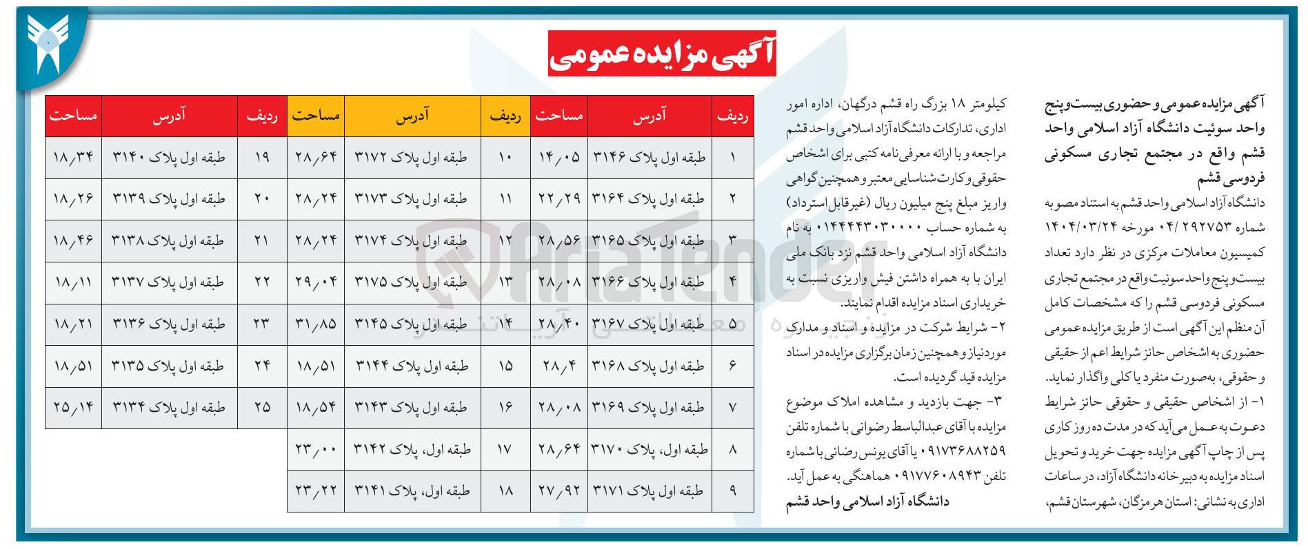 تصویر کوچک آگهی فروش بیست و پنج واحد سوئیت