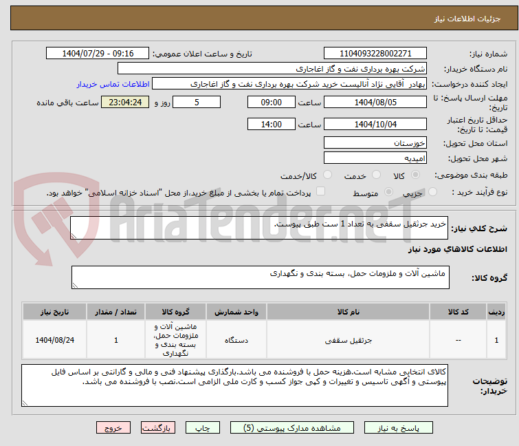 تصویر کوچک آگهی خرید جرثقیل سقفی به تعداد 1 ست طبق پیوست.