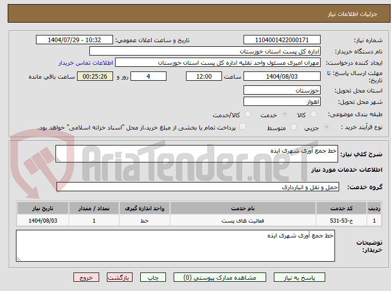 تصویر کوچک آگهی خط جمع آوری شهری ایذه