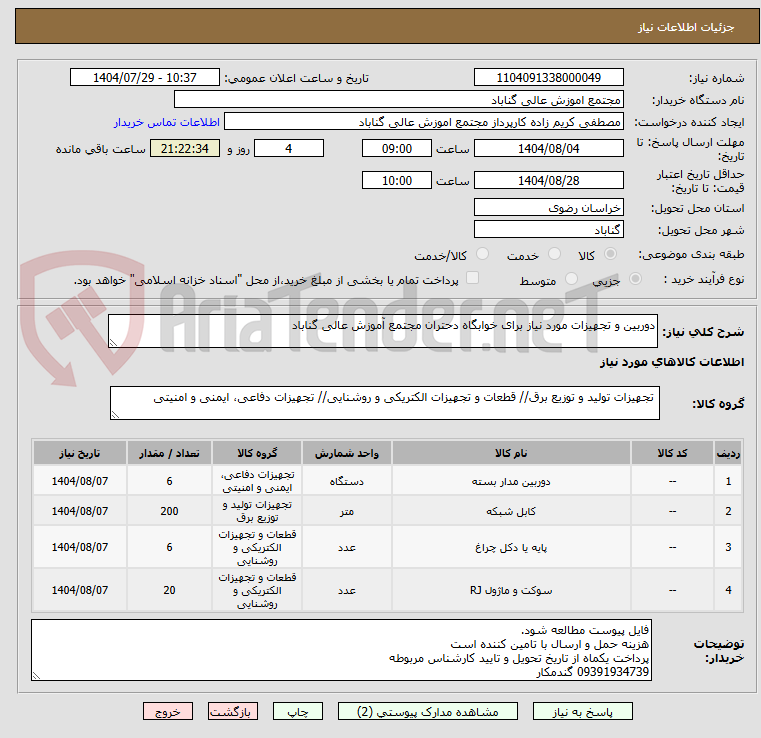 تصویر کوچک آگهی دوربین و تجهیزات مورد نیاز برای خوابگاه دحتران مجتمع آموزش عالی گناباد
