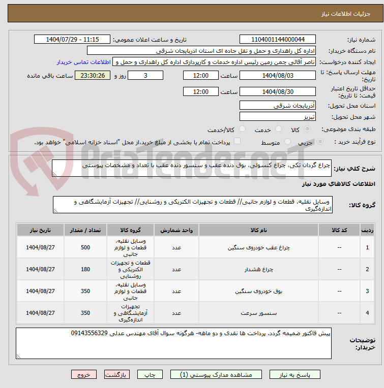 تصویر کوچک آگهی چراغ گردان تکی، چراغ کنسولی، بوق دنده عقب و سنسور دنده عقب با تعداد و مشخصات پیوستی