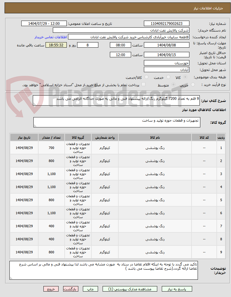 تصویر کوچک آگهی 9 قلم به تعداد 7200 گیلوگرم رنگ/ازائه پیشنهاد فنی و مالی به صورت جداگانه الزامی می باشد
