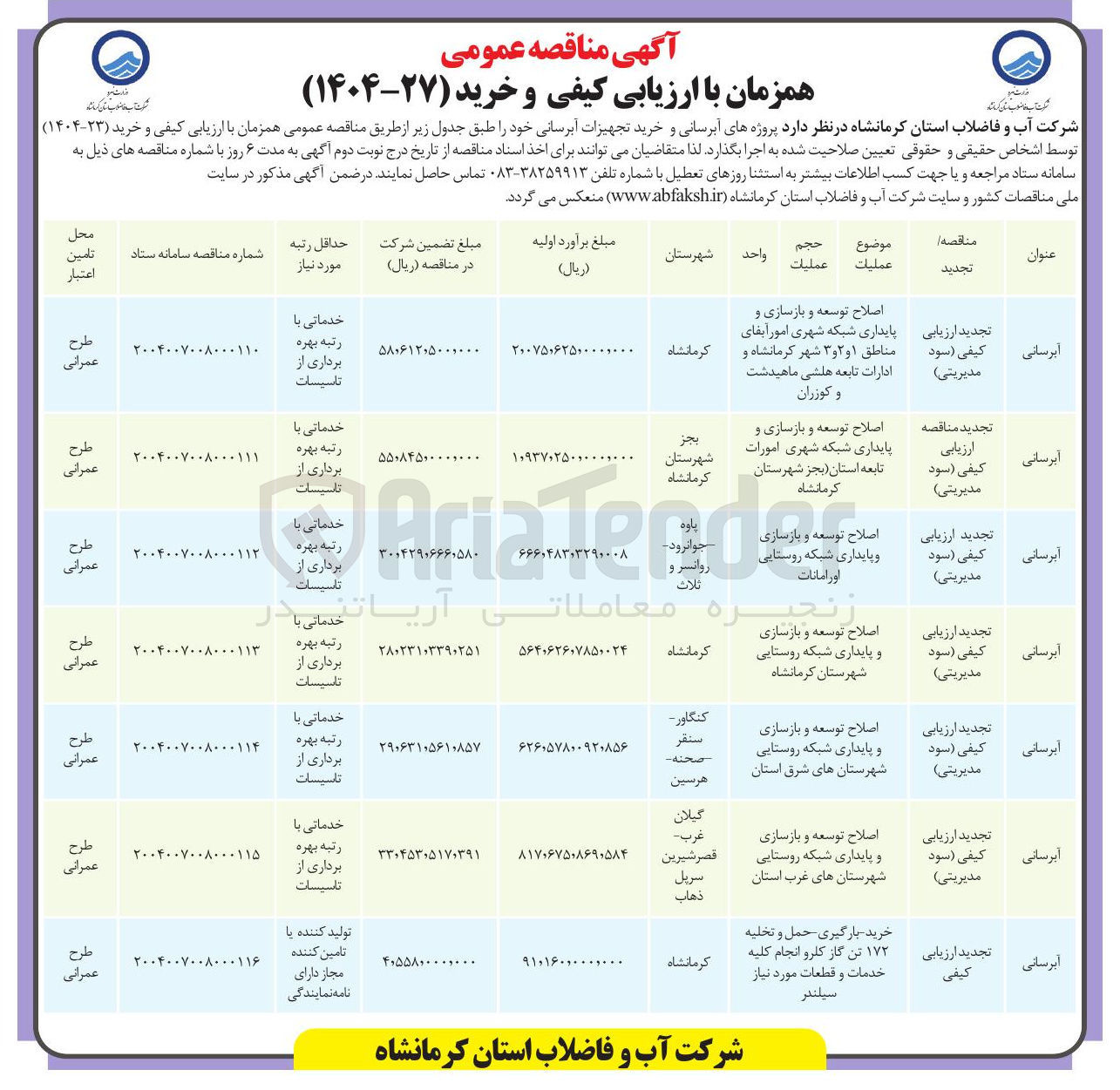 تصویر کوچک آگهی خرید بارگیری حمل و تخلیه ۱۷۲ تن گاز کلرو انجام کلیه خدمات و قطعات مورد نیاز سیلندر 