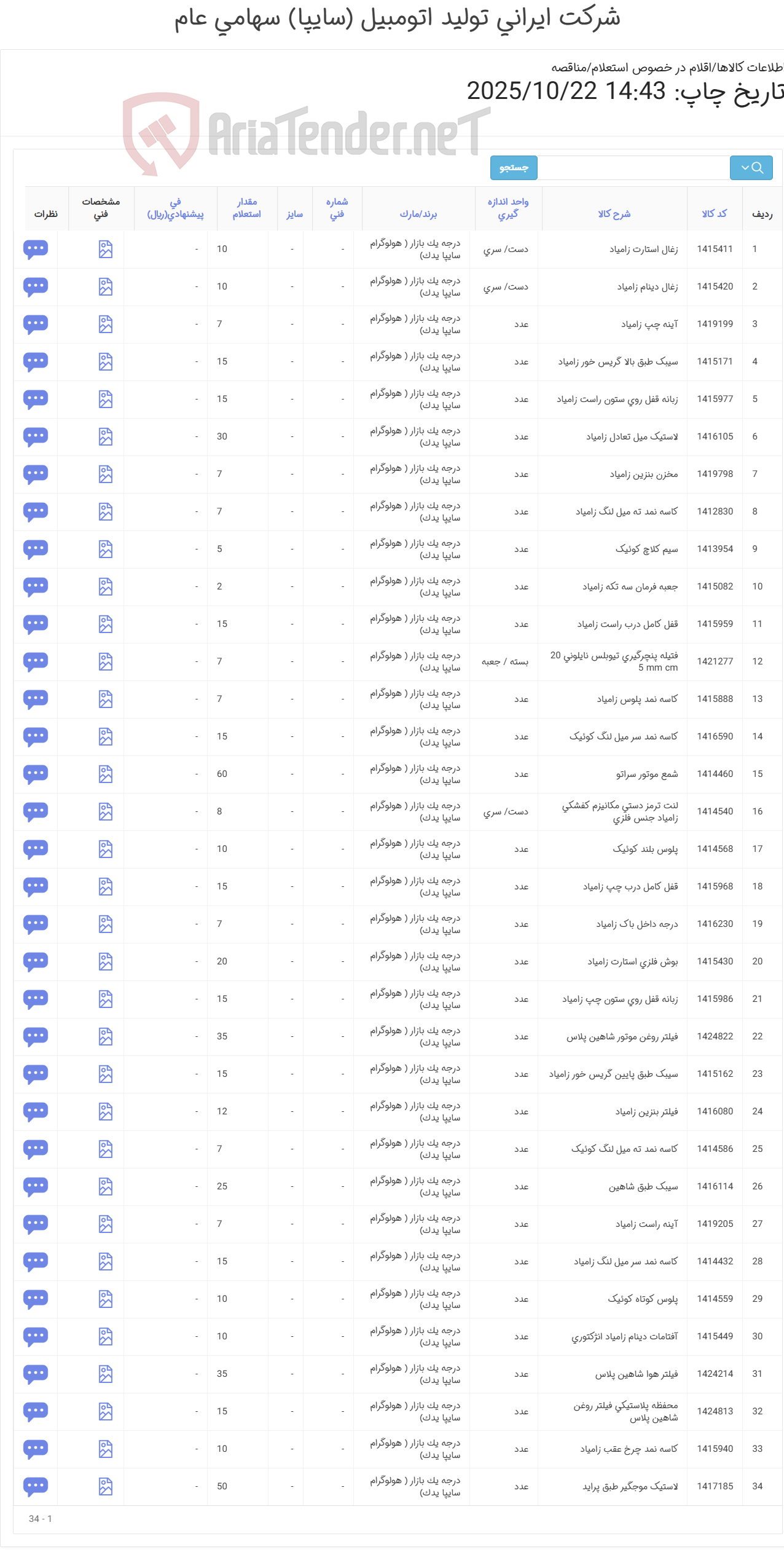 تصویر کوچک آگهی 34 ردیف اقلام یدکی خودرو(سایپا یدک)