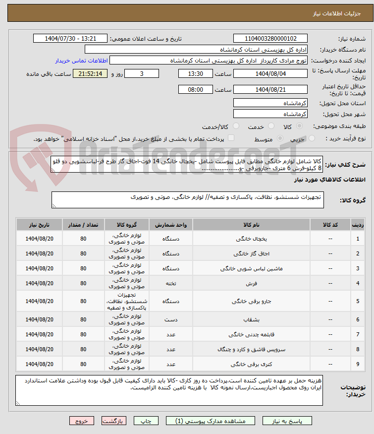 تصویر کوچک آگهی کالا شامل لوازم خانگی مطابق فایل پیوست شامل -یخچال خانگی 14 فوت-اجاق گاز طرح فر-لباسشویی دو قلو 8 کیلو-فرش 6 متری -جاروبرقی -و.....................
