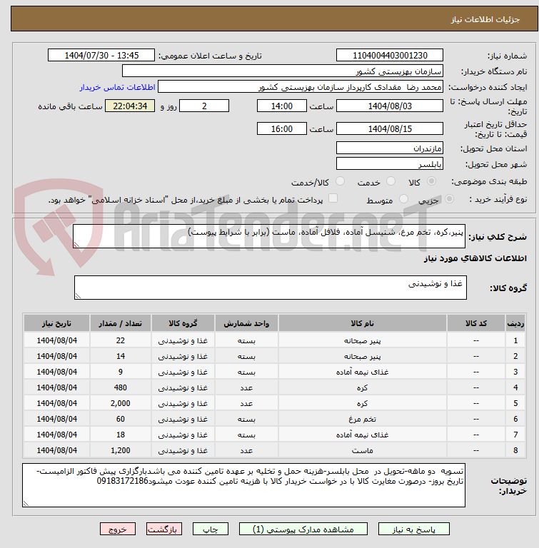 تصویر کوچک آگهی پنیر،کره، تخم مرغ، شنیسل آماده، فلافل آماده، ماست (برابر با شرایط پیوست)