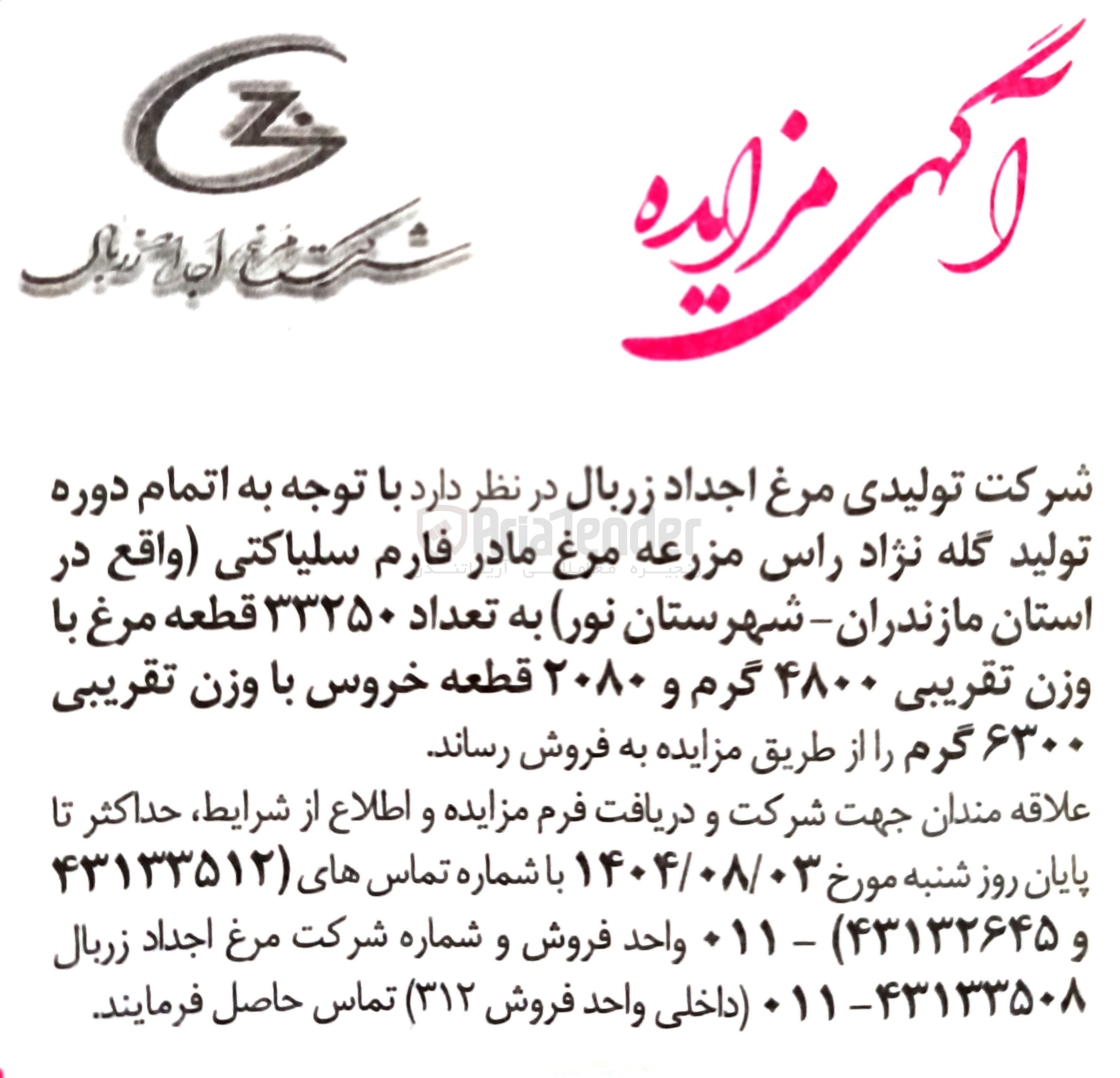 تصویر کوچک آگهی فروش تعداد ۳۳۲۵۰ قطعه مرغ با وزن تقریبی ۴۸۰۰ گرم و ۲۰۸۰ قطعه خروس با وزن تقریبی ۶۳۰۰ گرم