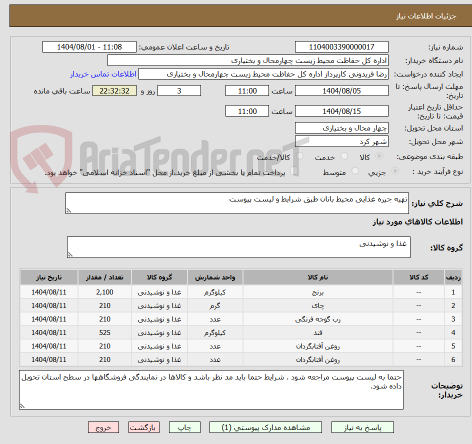 تصویر کوچک آگهی تهیه جیره غذایی محیط بانان طبق شرایط و لیست پیوست