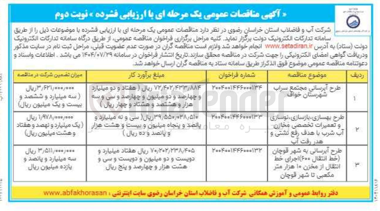 تصویر کوچک آگهی طرح آبرسانی (خط انتقال ۶۰۰ )