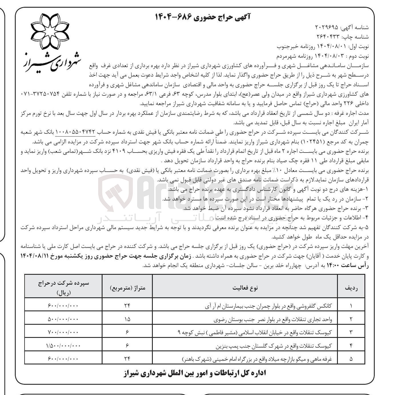تصویر کوچک آگهی واگذاری تعدادی غرفه در 5 ردیف : کانکس گلفروشی واقع در بلوار چمران جنب بیمارستان ام آر آی-واحد تجاری تنقلات واقع در بلوار نصر جنب بوستان رضوی-کیوسک تنقلات واقع در خیابان انقلاب اسلامی مشیر فاطمی ) نبش کوچه ۹ -کیوسک تنقلات واقع در شهرک گلستان جنب پمپ بنزین -غرفه ماهی و میگو بازارچه میلاد واقع در بزرگراه امام خمینی شهرک باهنر