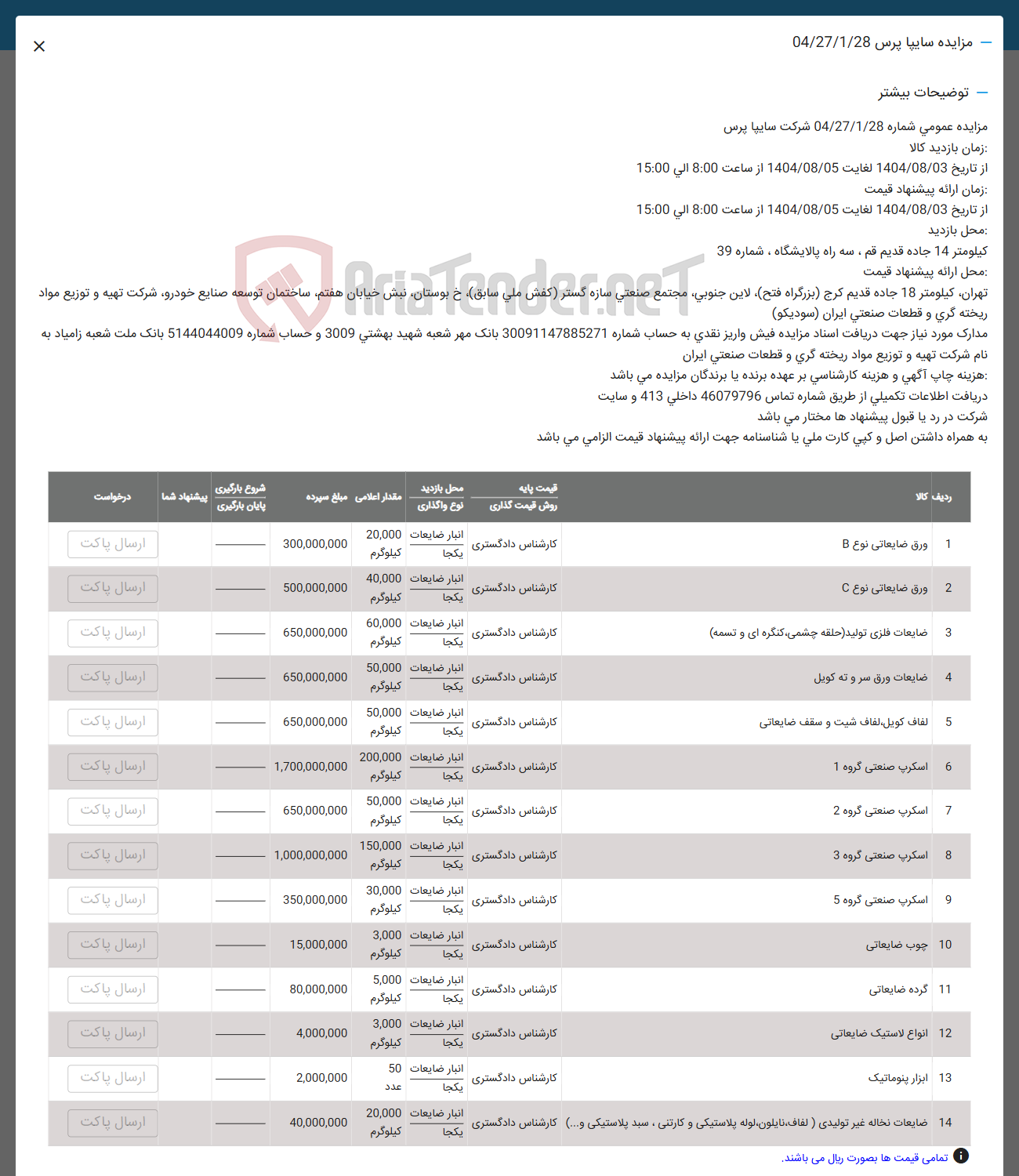 تصویر کوچک آگهی فروش اقلام ضایعاتی به شرح زیر