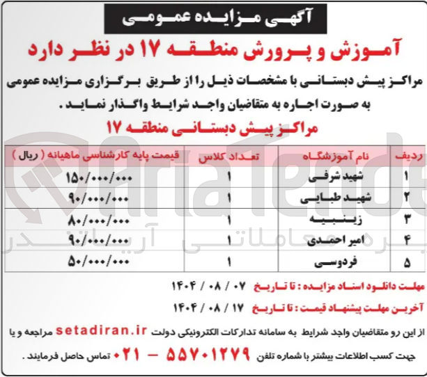تصویر کوچک آگهی واگذاری مراکز پیش دبستانی در 5 ردیف