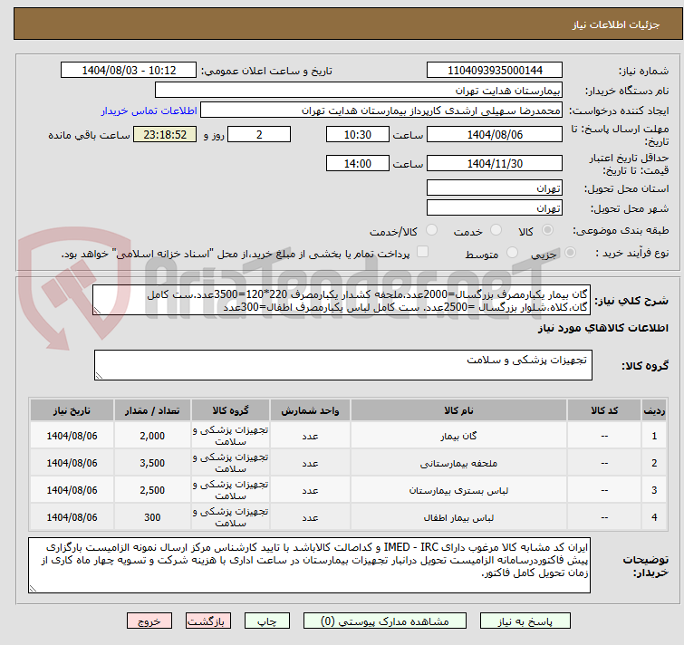 تصویر کوچک آگهی گان بیمار یکبارمصرف بزرگسال=2000عدد.ملحفه کشدار یکبارمصرف 220*120=3500عدد.ست کامل گان،کلاه،شلوار بزرگسال =2500عدد. ست کامل لباس یکبارمصرف اطفال=300عدد