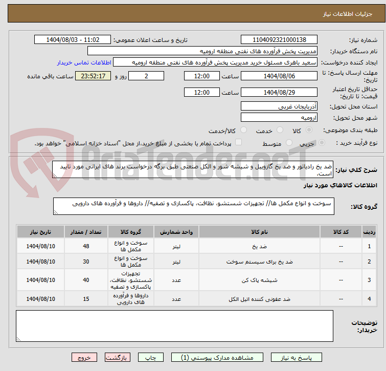 تصویر کوچک آگهی ضد یخ رادیاتور و ضد یخ گازوییل و شیشه شور و الکل صنعتی طبق برگه درخواست برند های ایرانی مورد تایید است.