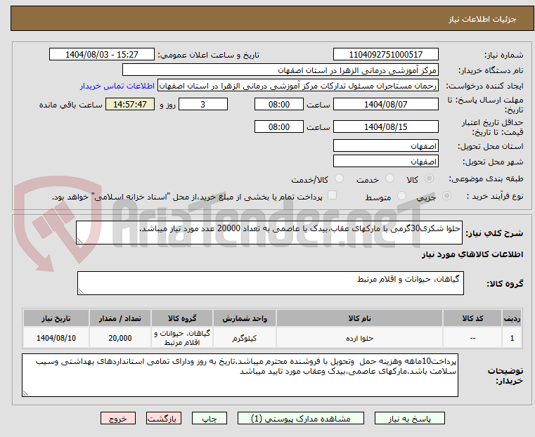 تصویر کوچک آگهی حلوا شکری30گرمی با مارکهای عقاب،بیدک یا عاصمی به تعداد 20000 عدد مورد نیاز میباشد.