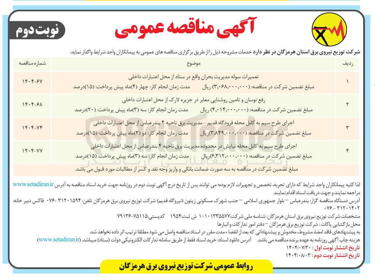 تصویر کوچک آگهی رفع نوسان و تامین روشنایی معابر