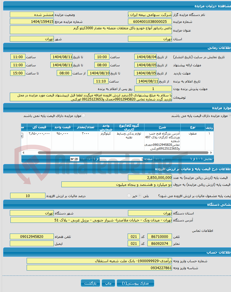 تصویر کوچک آگهی داغی رادیاتور آنواع خودرو باکل متعلقات متصله به مقدار 3000کیلو گرم