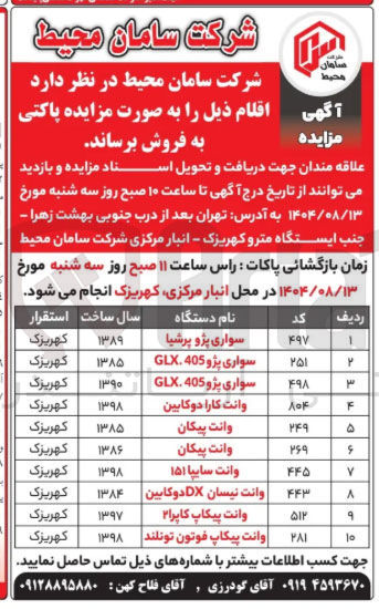 تصویر کوچک آگهی فروش اقلام ذیل را به صورت مزایده پاکتی