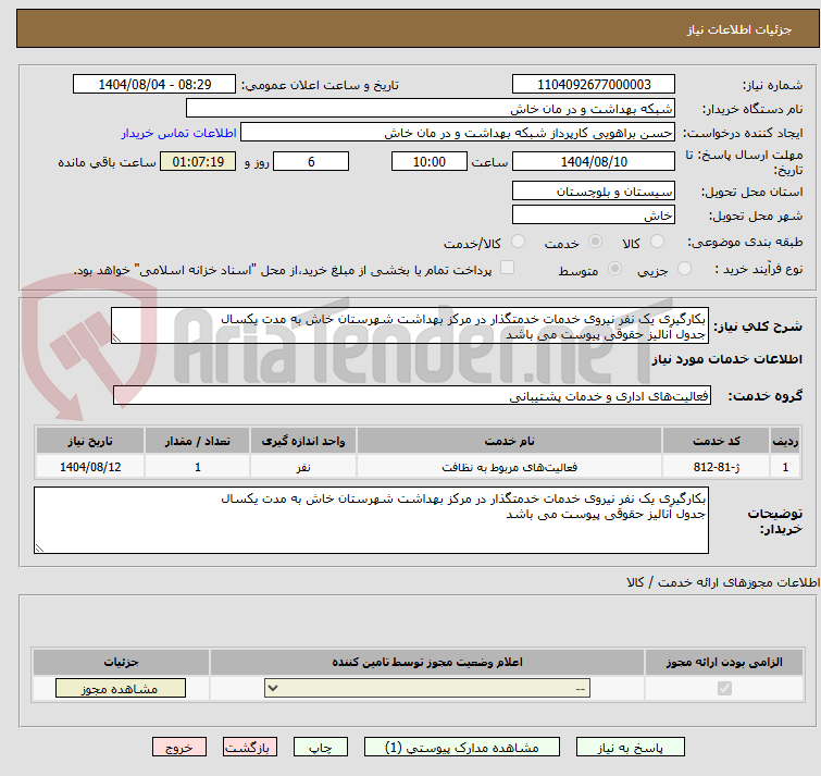 تصویر کوچک آگهی بکارگیری یک نفر نیروی خدمات خدمتگذار در مرکز بهداشت شهرستان خاش به مدت یکسال
جدول آنالیز حقوقی پیوست می باشد