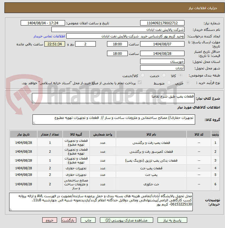 تصویر کوچک آگهی قطعات پمپ طبق شرح تقاضا