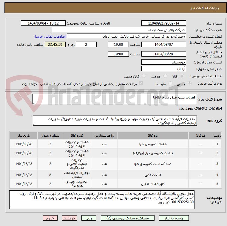 تصویر کوچک آگهی قطعات پمپ طبق شرح تقاضا