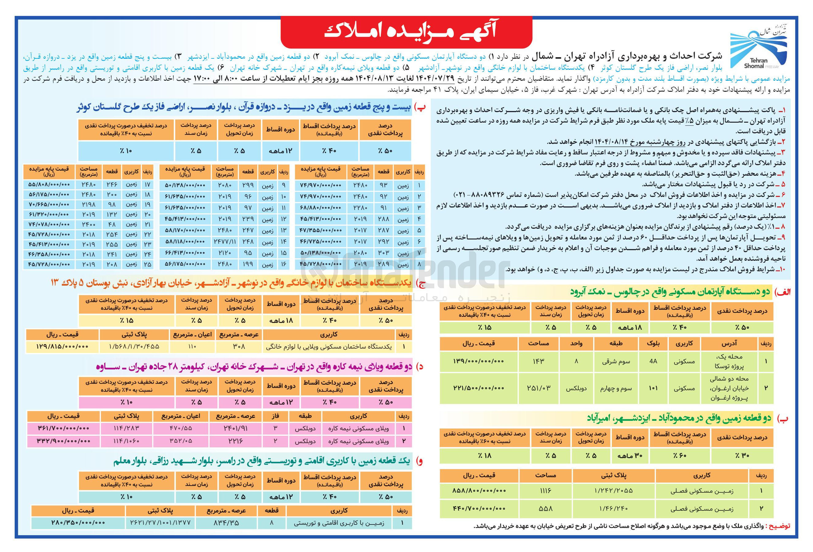 تصویر کوچک آگهی ) دو دستگاه آپارتمان مسکونی
) دو قطعه زمین (
) بیست و پنج قطعه زمین