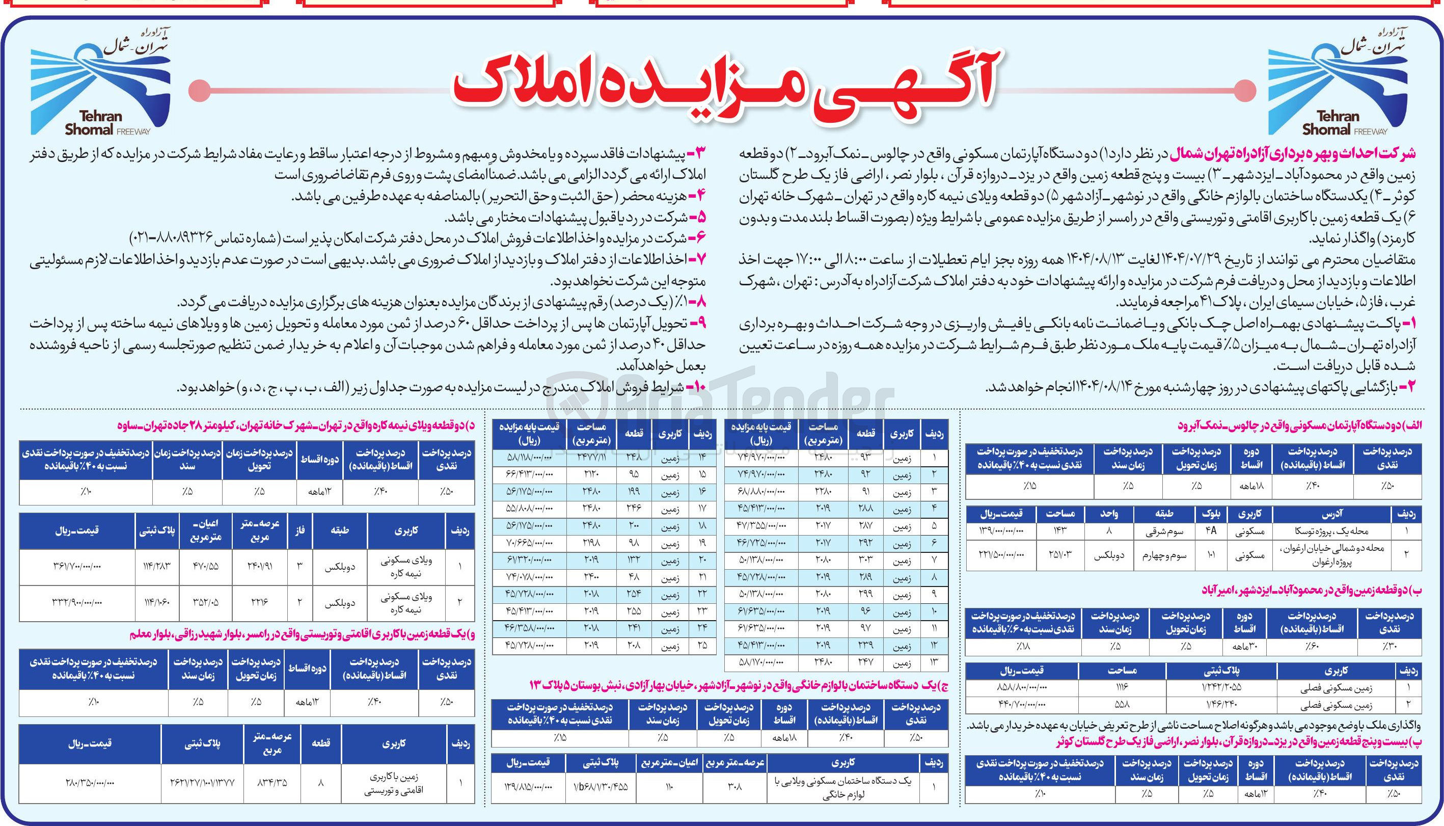 تصویر کوچک آگهی فروش دو دستگاه آپارتمان مسکونی واقع در چالوس - نمک آبرود ( ۲ ) دو قطعه زمین واقع در محمود آباد - ایزد شهر ( ۳ ) بیست و پنج قطعه زمین واقع در یزد - دروازه قرآن ، بلوار نصر ، اراضی فاز یک طرح گلستان کوثر ( ۴ ) یکدستگاه ساختمان با لوازم خانگی واقع در نوشهر آزاد شهر ( ۵ ) دو قطعه ویلای نیمه کاره واقع در تهران - شهرک خانه تهران ۶ ( ) یک قطعه زمین با کاربری اقامتی و توریستی واقع در رامسر