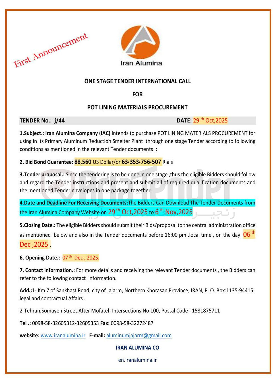 تصویر کوچک آگهی  PROCUREMENT MATERIALS LINING POT