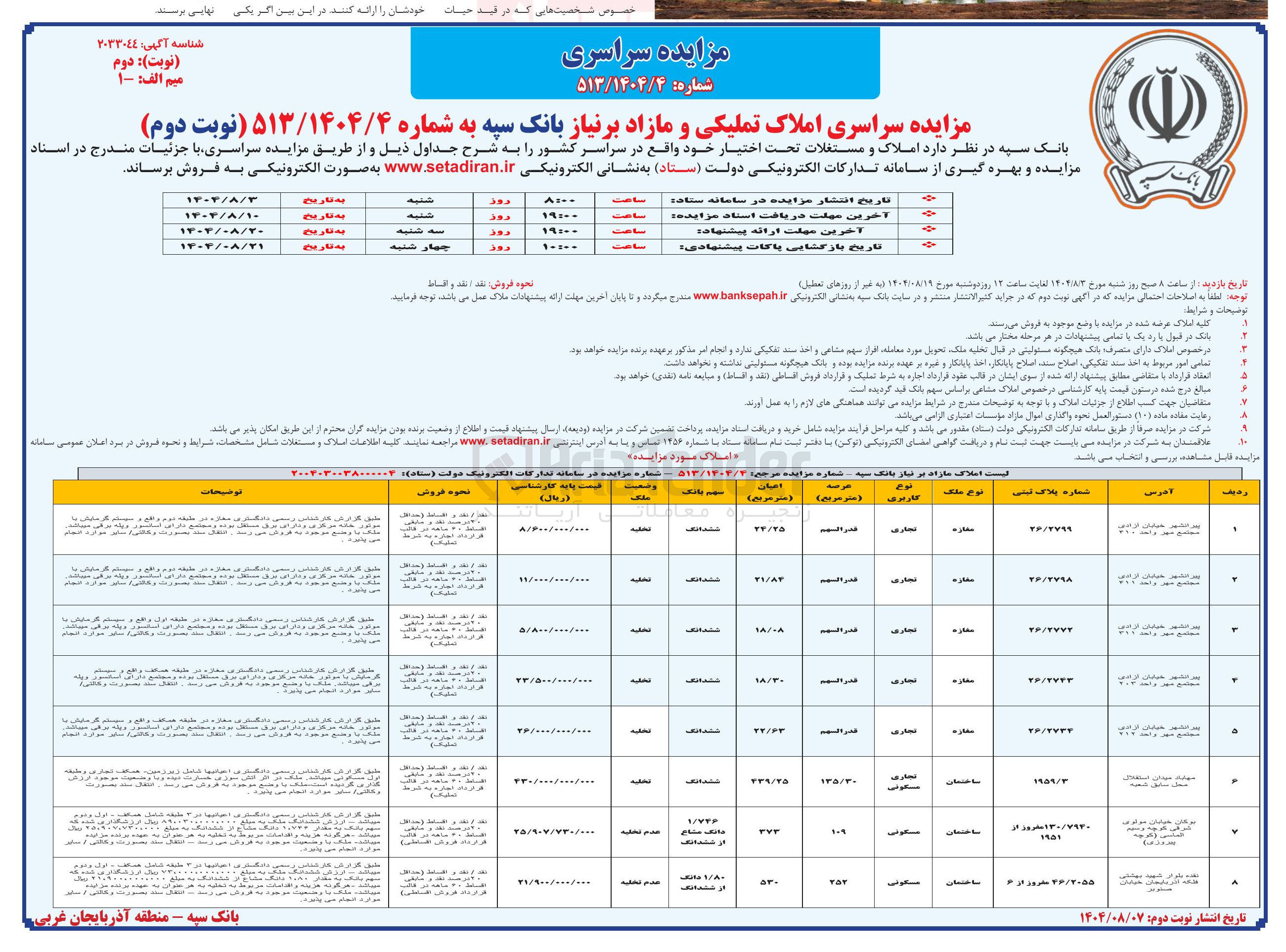 تصویر کوچک آگهی فروش  املاک و مستغلات تحت اختیار خود واقع در سراسر کشور را به شرح جداول ذیل با کاربری تجاری و مسکونی 