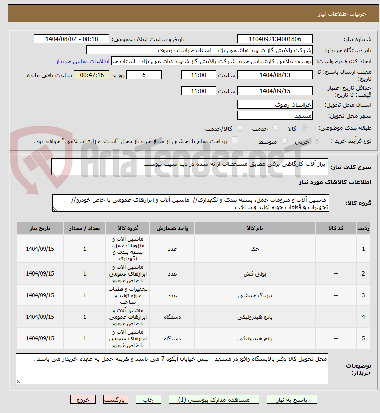 تصویر کوچک آگهی ابزار آلات کارگاهی برقی مطابق مشخصات ارائه شده در دیتا شیت پیوست