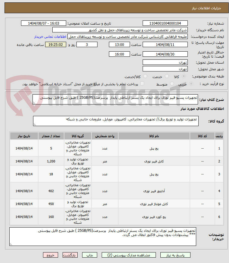 تصویر کوچک آگهی تجهیزات پسیو فیبر نوری برای ایجاد یک بستر ارتباطی پایدار پرسرعت(25GB/PS ) طبق شرح فایل پیوستی