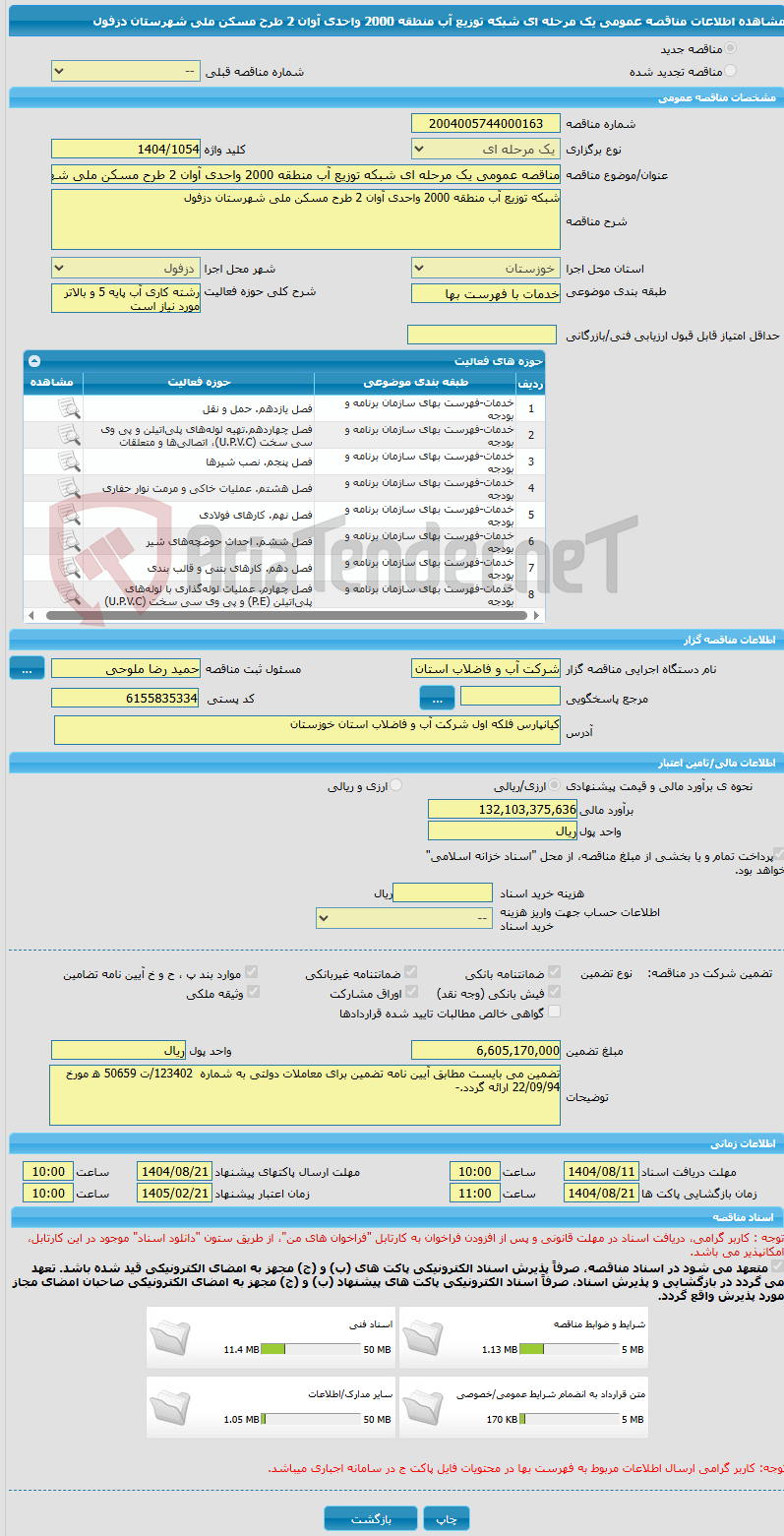 تصویر کوچک آگهی مناقصه عمومی یک مرحله ای شبکه توزیع آب منطقه 2000 واحدی آوان 2 طرح مسکن ملی شهرستان دزفول