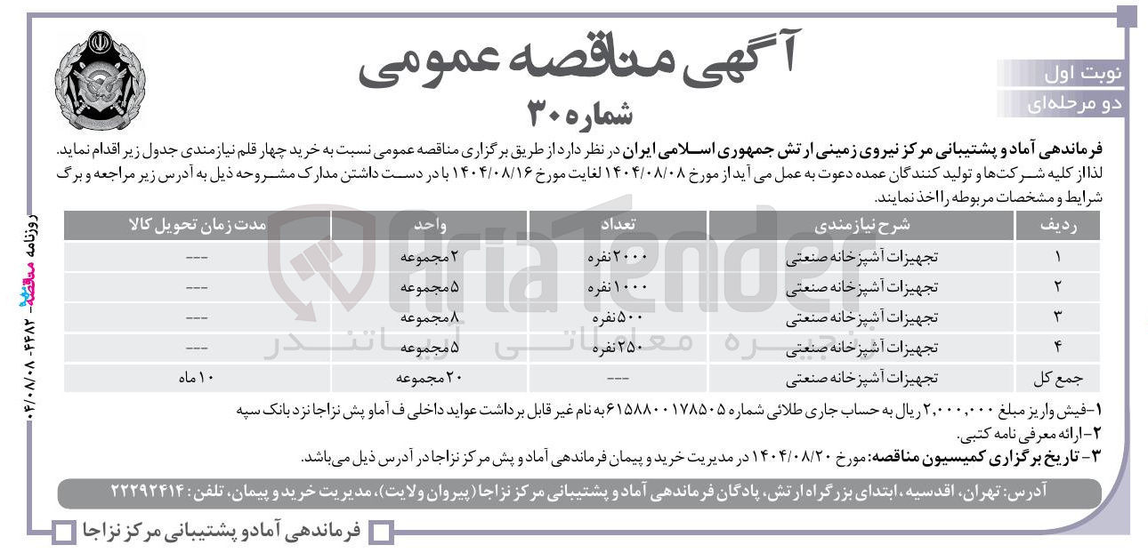 تصویر کوچک آگهی خرید تجهیزات آشپزخانه صنعتی به تعداد 1000 نفره 