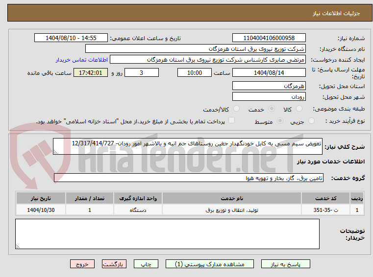 تصویر کوچک آگهی تعویض سیم مسی به کابل خودنگهدار جغین روستاهای جم انبه و بالاشهر امور رودان- 12/317/414/727