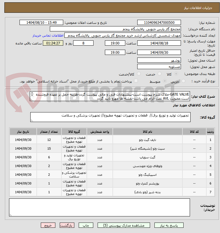 تصویر کوچک آگهی GATE VALVE-ملاک شزح پیوست است-پیشنهادات فنی و مالی پیوست گردد-هزینه حمل بر عهده فروشنده است.عضویت AVL نفت الزام می باشد-نقشه ها مهرو تایید گردد