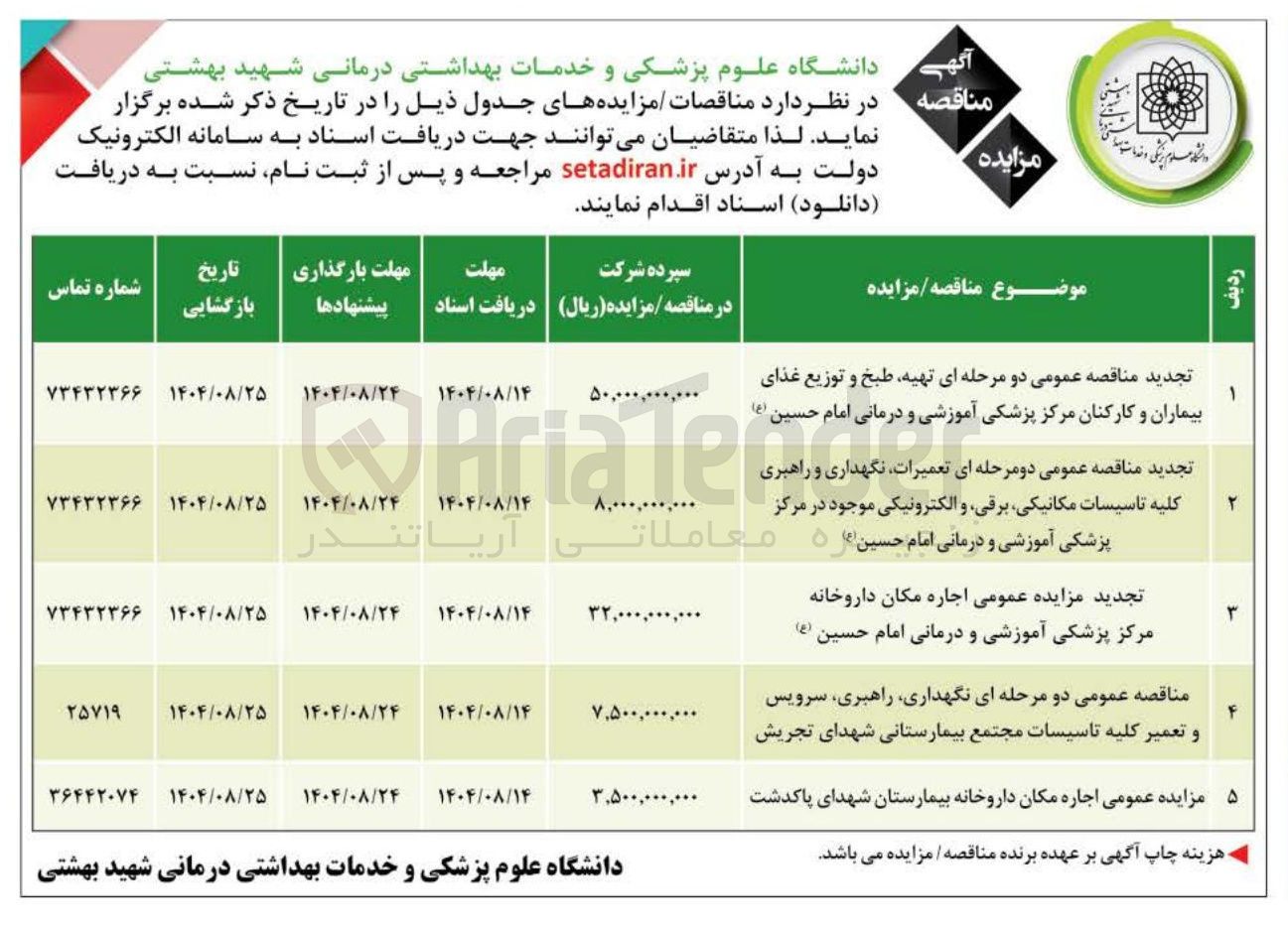 تصویر کوچک آگهی تهیه طبخ و توزیع غذای بیماران و کارکنان