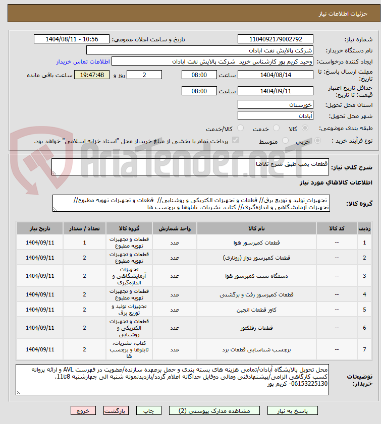 تصویر کوچک آگهی قطعات پمپ طبق شرح تقاضا