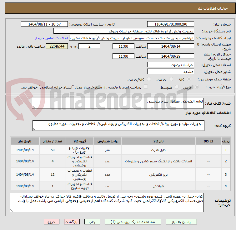 تصویر کوچک آگهی لوازم الکتریکی مطابق شرح پیوستی