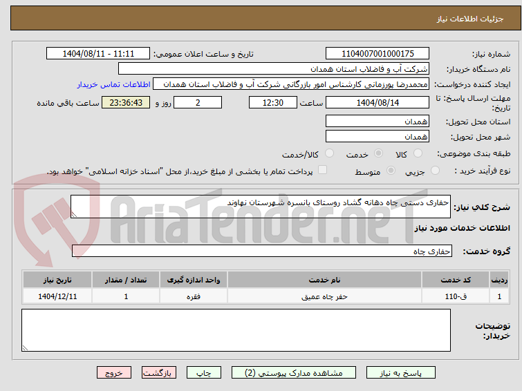 تصویر کوچک آگهی حفاری دستی چاه دهانه گشاد روستای بانسره شهرستان نهاوند