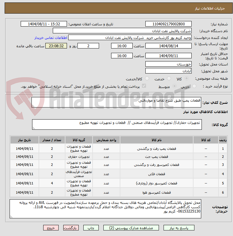 تصویر کوچک آگهی قطعات پمپ طبق شرح تقاضا و مواردفنی