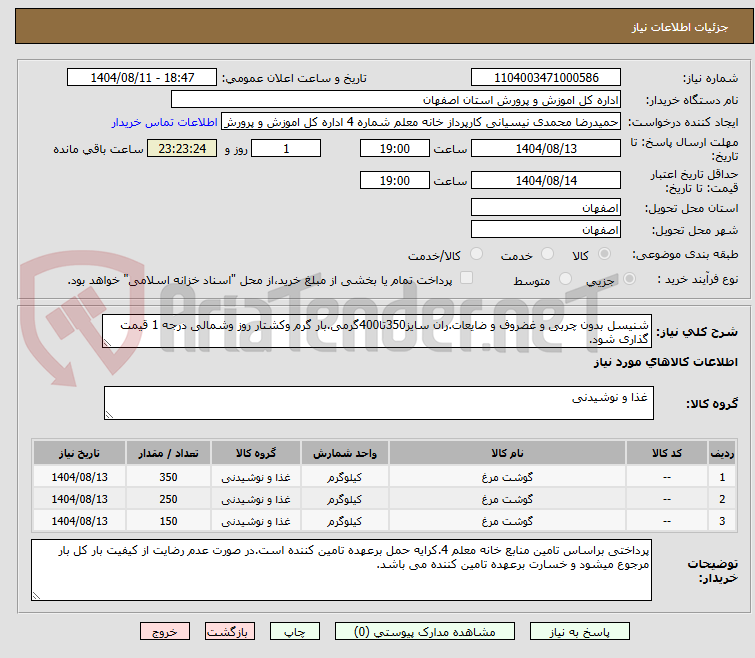 تصویر کوچک آگهی شنیسل بدون چربی و غضروف و ضایعات.ران سایز350تا400گرمی.بار گرم وکشتار روز وشمالی درجه 1 قیمت گذاری شود.